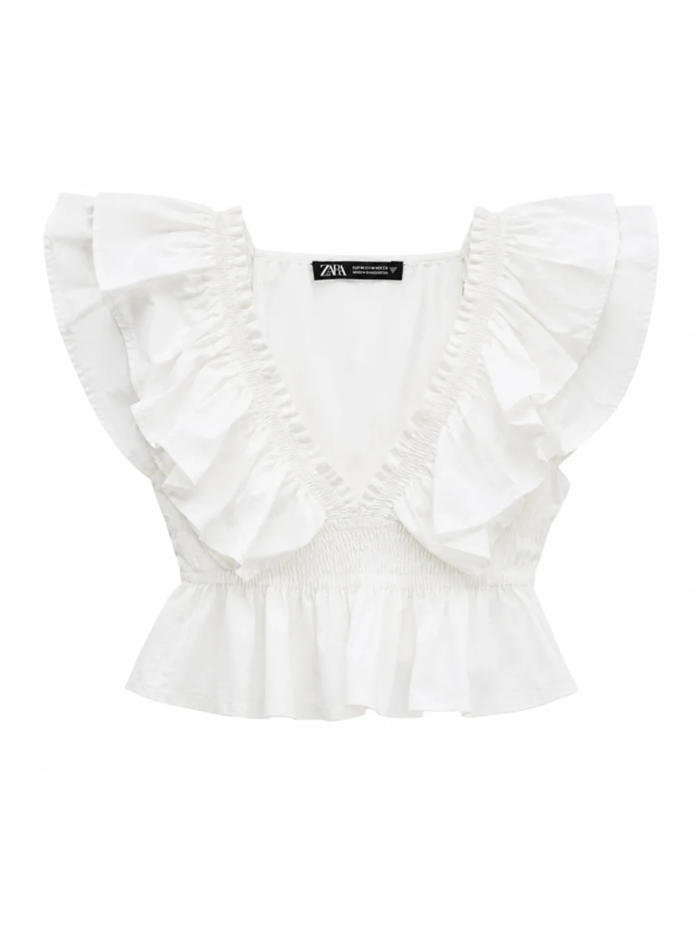 Zara White Ruffle Poplin Crop Top Smocked V-Neck Puff Sleeve Peplum Blouse Size